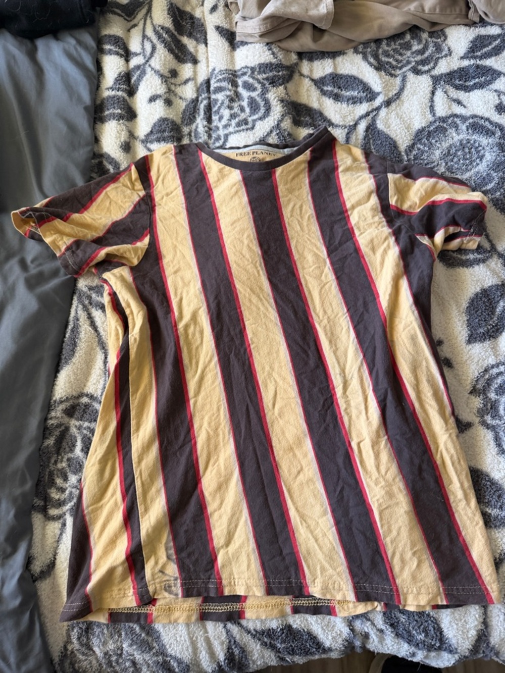 Free Planet Yellow, Brown & Red Striped Short Sleeve Tee